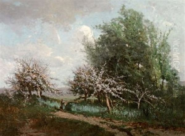 La Rentree Du Marche Sous Les Cerisiers En Fleurs Oil Painting by Alexandre Defaux