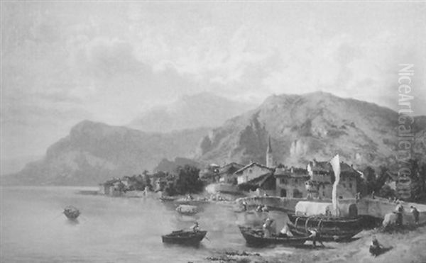 Village By An Alpine Lake Oil Painting by Alexandre Defaux