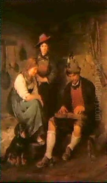 Der Zitherspieler Sitzt In Derbauernkuche Und Zwei Dirndl   Lauschen Seiner Musik Oil Painting by Franz Von Defregger