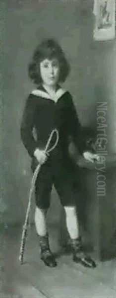 Der Kleine Pferdefreund Steht Im Matrosenanzug Und Mit Reit-gerte Neben Oil Painting by Franz Von Defregger