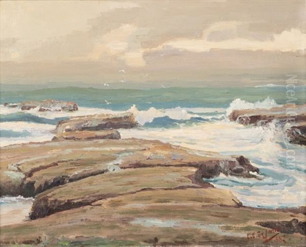 Crashing Waves Along A Rocky Shore Oil Painting by Luther Evans DeJoiner