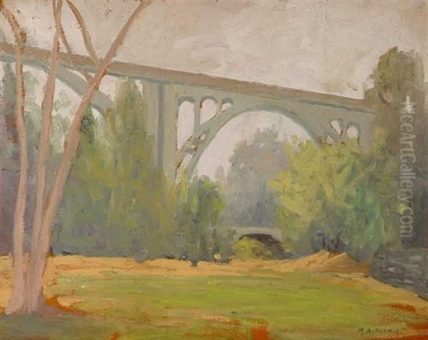 Arroyo Bridge In A Landscape, Pasadena, Ca Oil Painting by Maurice Auguste Del Mue