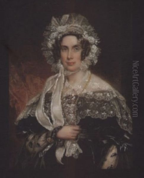 A Lady, Wearing Black Dress With Large White Lace Collar And Black Lace Demi-gigot Sleeves, White Lace And Gauze Bonnet Dressed With White Roses And Long Wide Ribbon Ties, She Holds A Gold Necklace Oil Painting by Benjamin Delacour
