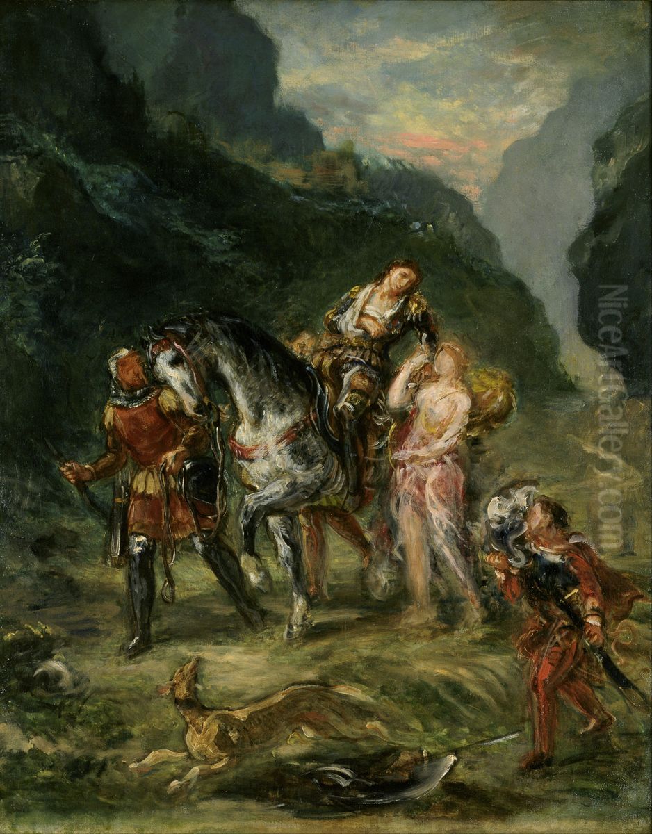 Angelica And The Wounded Medoro Oil Painting by Eugene Delacroix