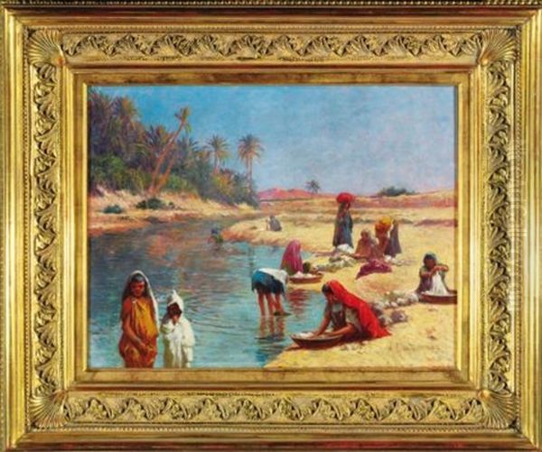 Laveuses A L'oued Oil Painting by Alexis Auguste Delahogue