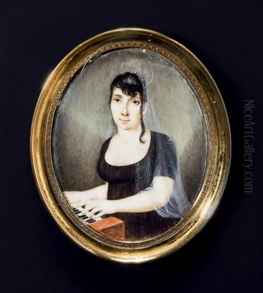 Jeune Femme Coiffee D'un Voile Blanc Orne D'un Camee Et Jouant Du Pianoforte; Elle Est Assise, En Buste De Trois-quarts Vers La Gauche, Presque De Face Oil Painting by Jacques Delaplace