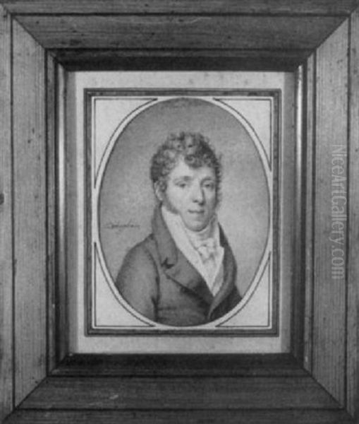 Portrait D'un Homme De Qualite En Buste Vers La Droite Portant Une Redingote A Haut Col, Chemise Et Gilet Ivoire Et Coiffe De Boucles Oil Painting by Jacques Delaplace