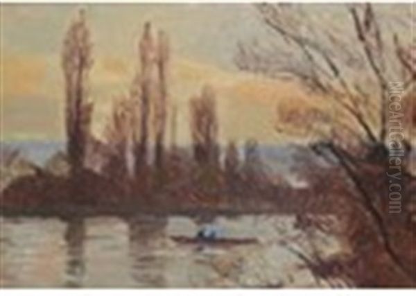 Rural River View With Figures In A Boat Oil Painting by Joseph Delattre
