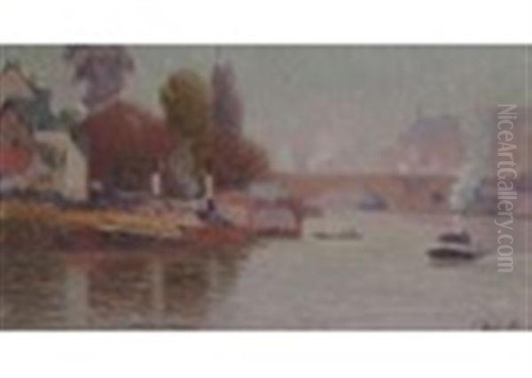 River Scene With Steam Boats By A Bridge Oil Painting by Joseph Delattre