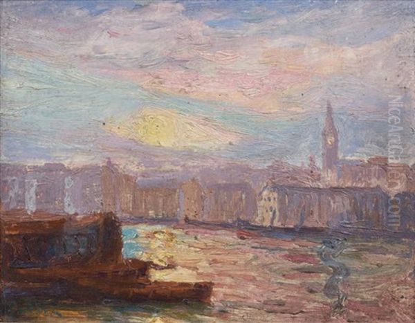 Le Port De Rouen Au Coucher Du Soleil Oil Painting by Joseph Delattre
