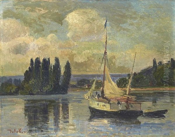 Voilier En Bord De Seine Oil Painting by Joseph Delattre