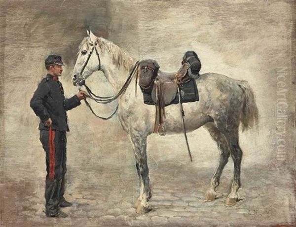 Cheval Selle Tenu Par Un Lad Oil Painting by Jules Delaunay