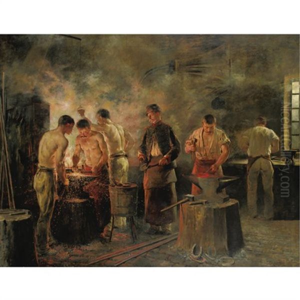 In The Military Forge Oil Painting by Jules-Elie Delaunay