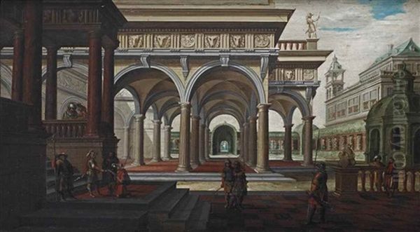 The Forecourt Of A Palace With Guards Conversing Oil Painting by Dirck Van Delen