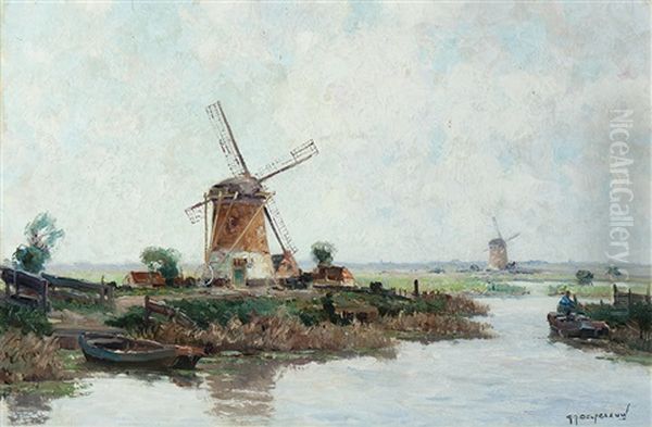 Mills In A Polder Landscape Oil Painting by Gerard Delfgaauw