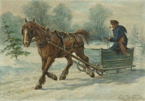 Winter Sleighing Oil Painting by Georges Marie Joseph Delfosse
