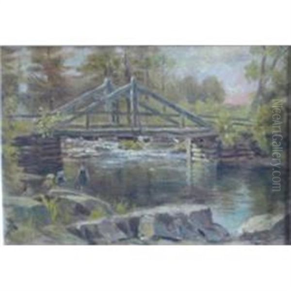 Children Swimming Near The Bridge Oil Painting by Georges Marie Joseph Delfosse