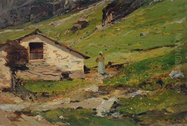 Cascinale In Montagna Oil Painting by Lorenzo Delleani