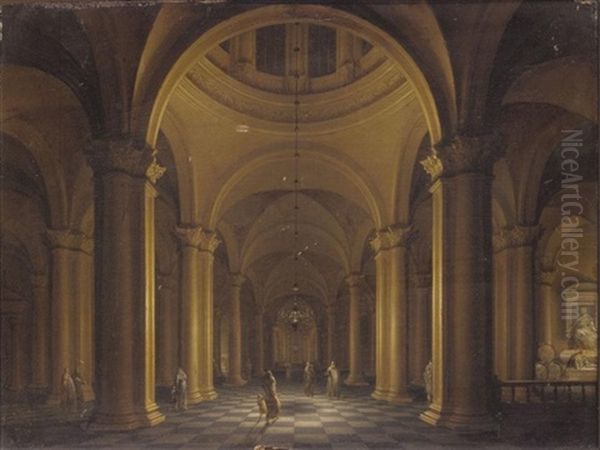 Elegant Figures In A Nocturnal Church Interior Oil Painting by Anthonie Delorme