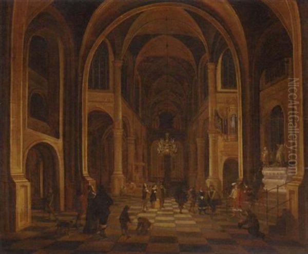 The Interior Of A Church At Night, With Elegant Figures In The Foreground Oil Painting by Anthonie Delorme