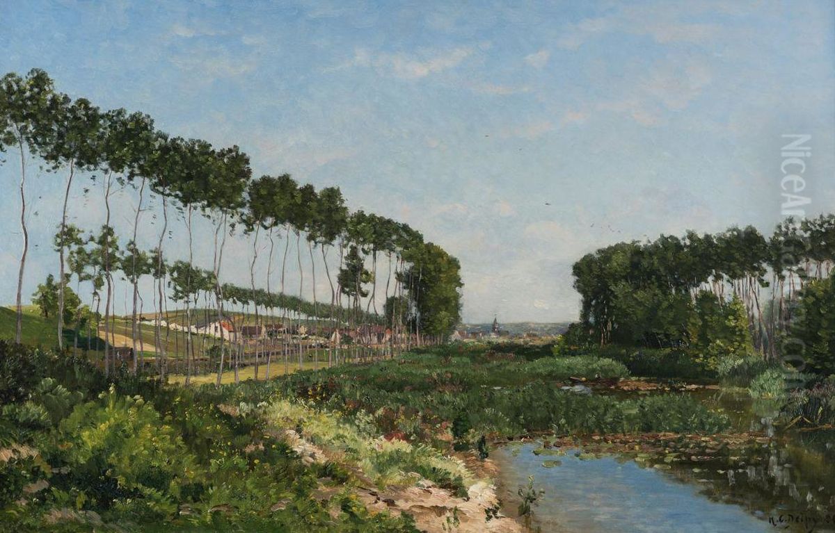 A Tree-lined River Landscape, A Village Beyond Oil Painting by Hippolyte Camille Delpy