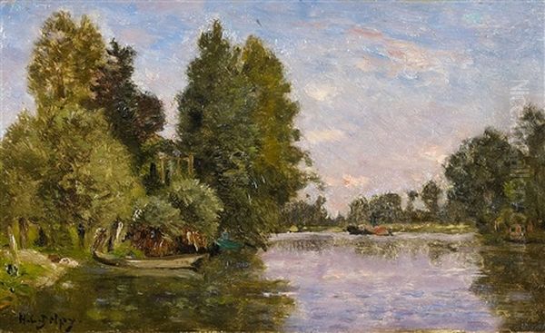 A River Landscape Oil Painting by Hippolyte Camille Delpy