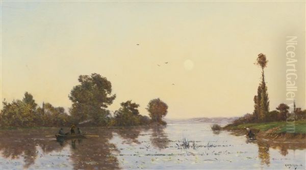 Sunset On The River Oil Painting by Hippolyte Camille Delpy