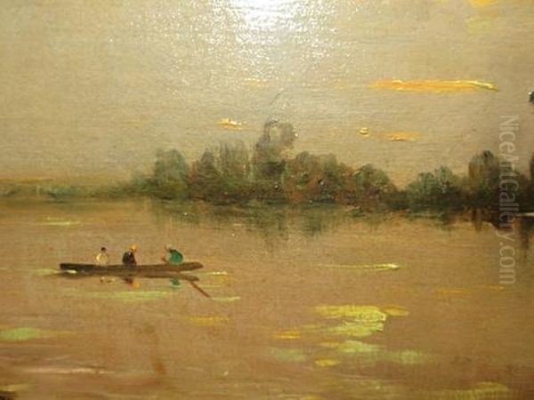 A River View At Sunset With Figures In A Boat Oil Painting by Hippolyte Camille Delpy