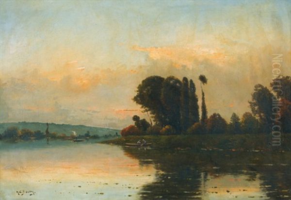 Abendliche Flusspartie Mit Fischerboot Und Dampfschiff Oil Painting by Hippolyte Camille Delpy