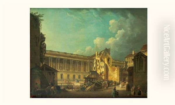 Degagement De La Colonnade Du Louvre, Vue Prise Pendant La Demolition Des Vestiges De L'hotel Du Petit Bourbon Oil Painting by Pierre Antoine Demachy