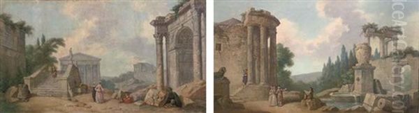 A Capriccio Of Classical Ruins With Elegant Figures (+ A Capriccio Of Classical Ruins With Elegant Figures By A Fountain; Pair) Oil Painting by Pierre Antoine Demachy