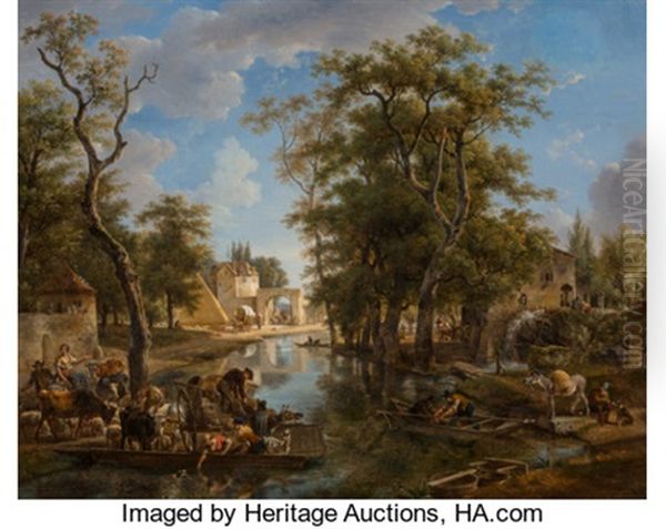 A Lively Canal Scene With Ferries And Boats Conveying Townspeople And Animals Oil Painting by Jean-Louis Demarne