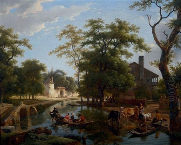 Un Canal Anime De Personnages Et D'animaux Oil Painting by Jean-Louis Demarne