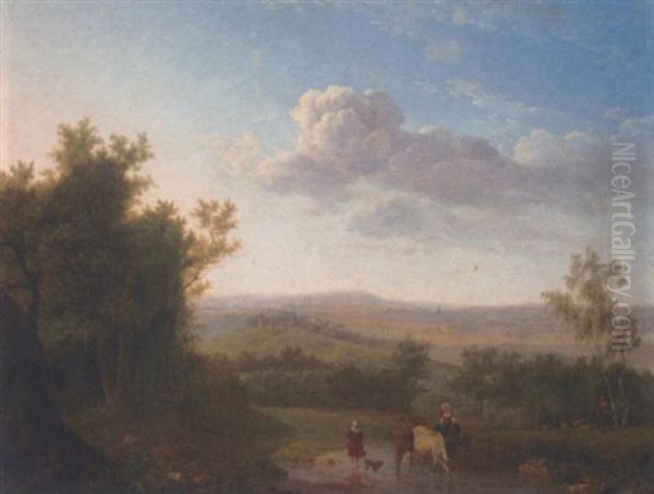 An Extensive Landscape With Cattle And Two Women Crossing A Ford, A Shepherd And Flock By A Tree Oil Painting by Jean-Louis Demarne