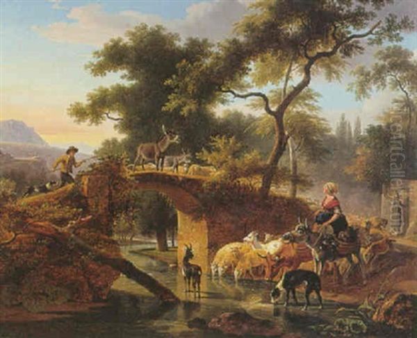 Bergere Abreuvant Son Troupeau Pres D'un Pont Oil Painting by Jean-Louis Demarne
