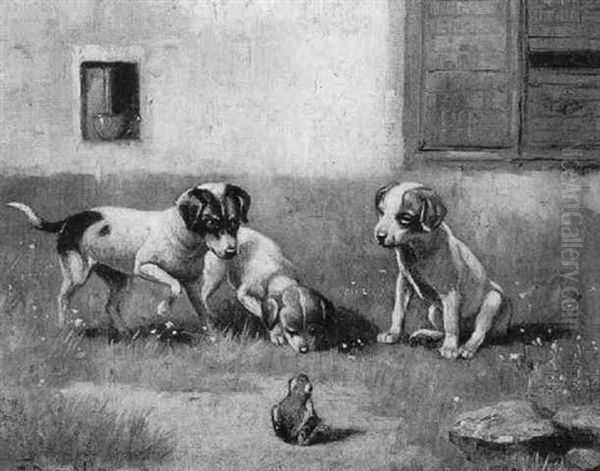 Drei Hunde Und Ein Frosch Oil Painting by Franz (August Waidhofer) Demel