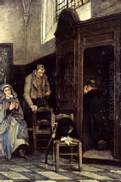 Lang Tid I Skriftestolen Oil Painting by Jules Denneulin