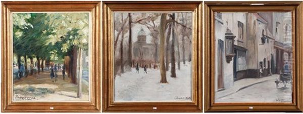Parc Anime, Ruelle Animee Et Parc Anime Sous La Neige (3 Works) Oil Painting by Alexandre Denonne