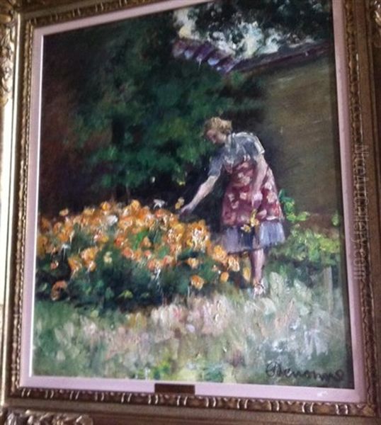 Jeune Femme Cueillant Des Fleurs Oil Painting by Alexandre Denonne