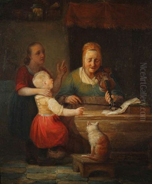 Vieille Violoniste, Enfants Chantant Et Chat Oil Painting by Joseph Dens
