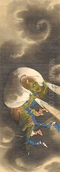 Raijin, The God Of Thunder (+ Fujin, The God Of Wind; Pair) Oil Painting by Aoudo Denzen