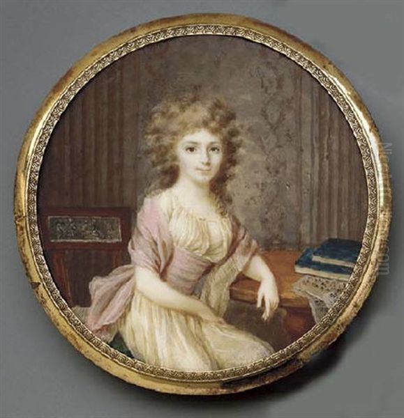 A Young Lady Seated In An Interior Beside A Wooden Table With Books And Music, Facing Right, In White Silk Dress Oil Painting by Joseph (Derunton) Deranton