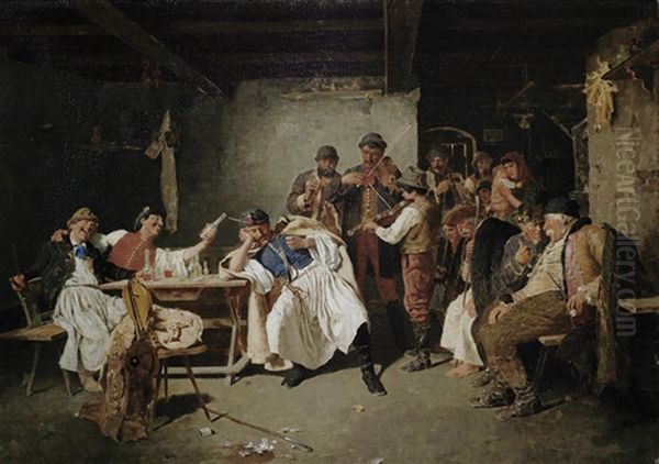Tavern Interior Oil Painting by Kalman (Koloman) Deri
