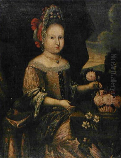 Portrait D'une Petite Fille Arrangeant Une Corbeille De Fleurs Oil Painting by Claude Deruet
