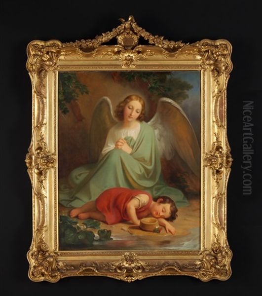 Schlafendes Kind, Uber Das Ein Engel Wacht Oil Painting by Melchior Paul Von Deschwanden