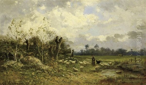 Schafer Mit Seiner Herde Am Waldrand Oil Painting by Charles Felix Edouard Deshayes