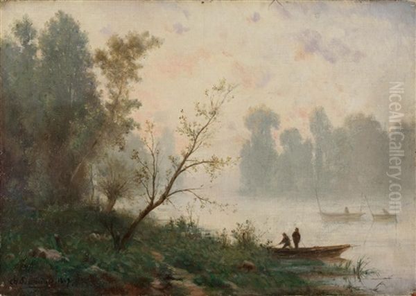 Flusspartie Mit Anglern Oil Painting by Charles Felix Edouard Deshayes