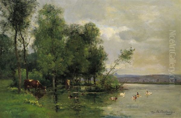 Flusslandschaft Mit Kuhen Und Enten Oil Painting by Charles Felix Edouard Deshayes