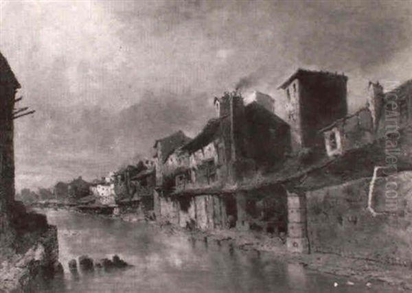 Maisons Au Bord De L'eau Oil Painting by Eugene Deshayes