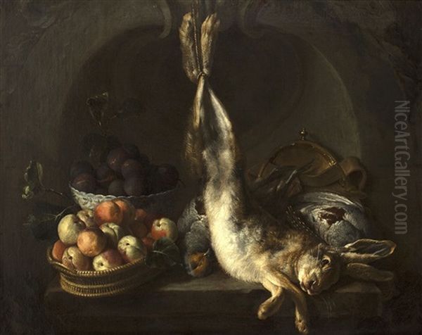 Bodegon Con Liebre, Becadas, Cesta Con Melocotones Y Cuenco Con Brevas Y Ciruelas En Un Pedestal Sobre Una Hornacina Al Fondo Oil Painting by Alexandre-Francois Desportes